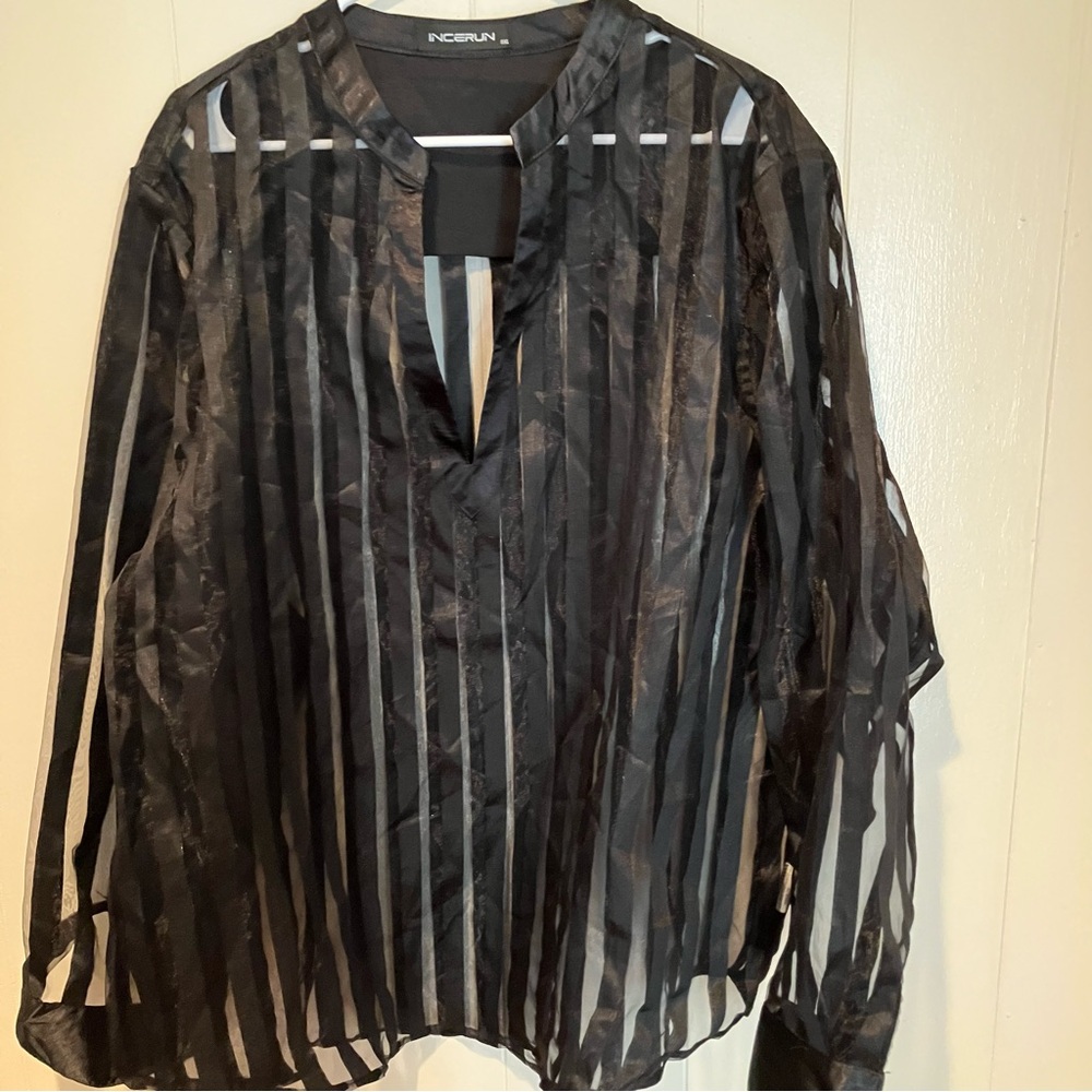 Incerun Black Sheer Striped Mens Button down Shirt 3XL